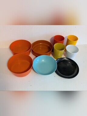 Bowl Cup Plastic Set Orange  Blue Yellow Brown White Tupperware & Deka Retro